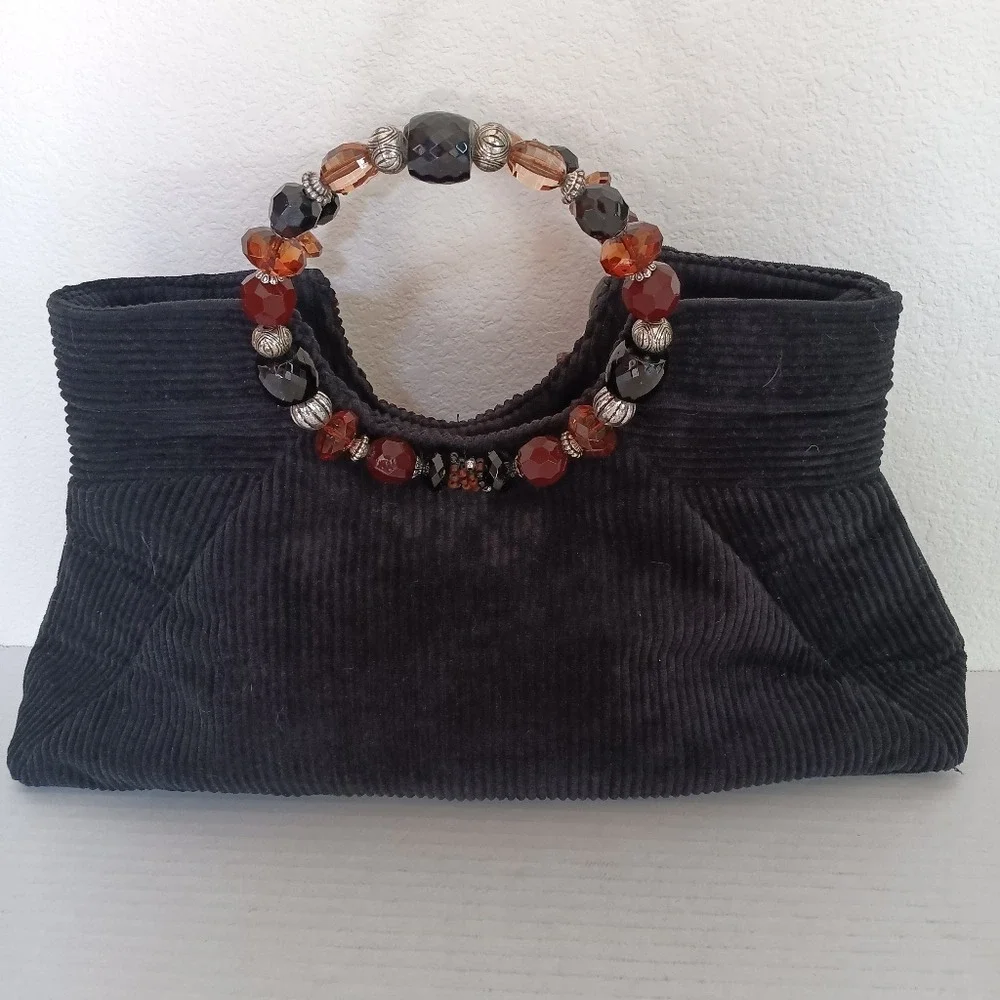 Cappelli Straworld Handbag Black Corduroy Beaded Ring Handle Vintage